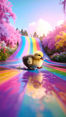 Joyful duckling sliding down rainbow puddle playful moment in fantasy world, vibrant colors, spring nature, happiness