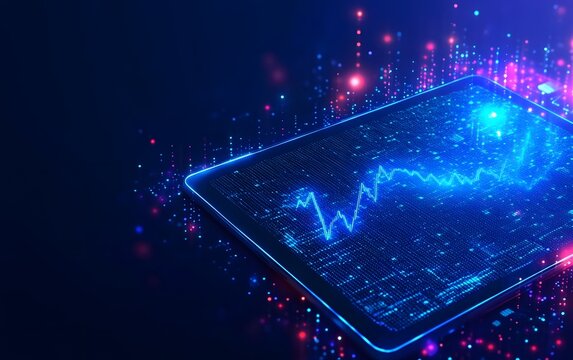 A blue background with glowing arrows and bar charts, representing growth in business or market trends