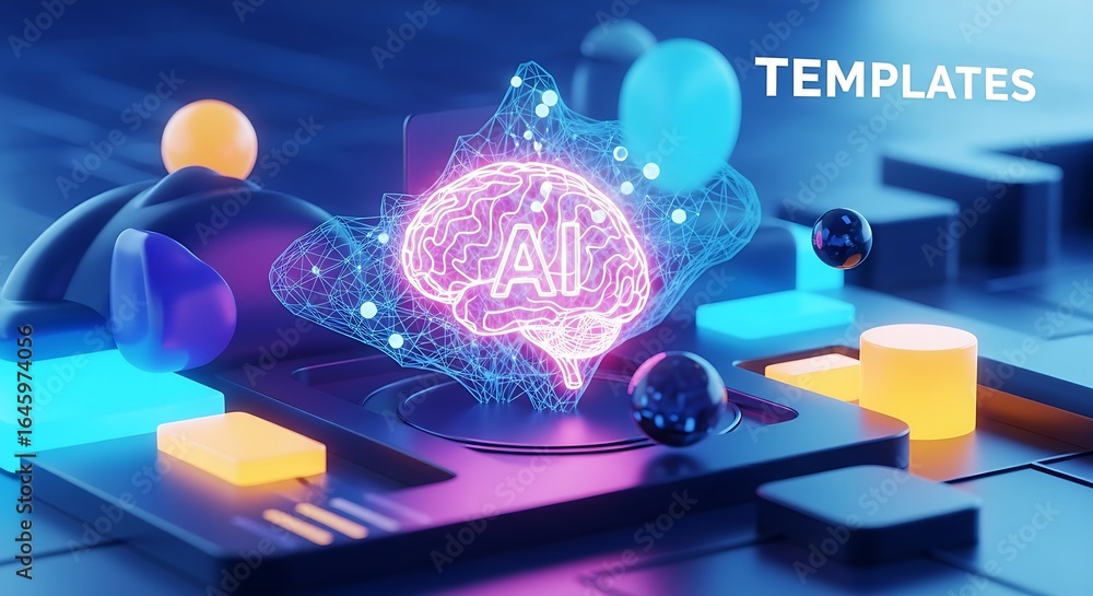 Poster glowing ai brain with wireframe on platform surrounded by abstract shapes and the word templates