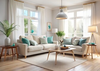 Bright and airy living room with comfortable sofa, coffee table, and natural light streaming through windows