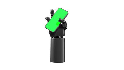 Futuristic robotic hand holding a smartphone with green screen for chroma key. 3D rendered...