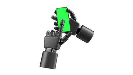 Futuristic robotic hand holding a smartphone with green screen for chroma key. 3D rendered mechanical arm isolated on white background, perfect for tech demos, app mockups, TikTok videos, and innovati