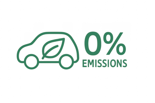 Zero emission electric car with leaf symbol promoting eco-friendly transportation on transparent background