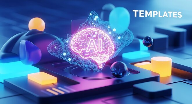 Glowing ai brain with wireframe on platform surrounded by abstract shapes and the word templates