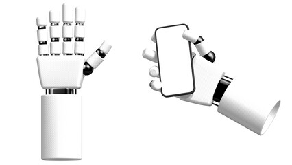 Futuristic robotic hand making a dynamic gesture, symbolizing AI and advanced technology. 3D rendered mechanical arm isolated on white background, ideal for sci-fi, automation, and innovation concepts