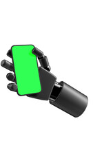 Futuristic robotic hand holding a smartphone with green screen for chroma key. 3D rendered mechanical arm isolated on white background, perfect for tech demos, app mockups, TikTok videos, and innovati