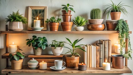 Cozy home interior with plants and candles on wooden shelves, creating a warm and inviting atmosphere