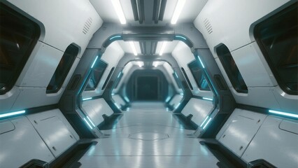 Obraz premium A futuristic spaceship corridor featuring sleek white walls, blue neon lighting, and a modern, clean interior design.