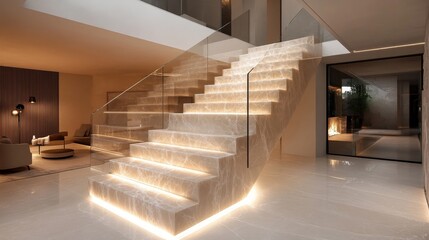 Modern staircase design featuring step illumination and sleek marble finish for upscale contemporary interior architecture statement and premium realty marketing