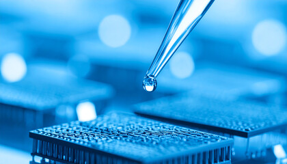 Science in Droplet: The image presents a droplet being precisely dispensed onto a component, capturing a moment of scientific precision. Captures the precision, innovation.