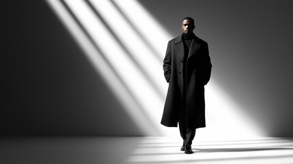 Fototapeta premium Dunkle Silhouette eines Mannes im langen Mantel vor dramatischem Licht mit geometrischen Schatten