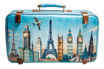 blue retro leather vintage suitcase full of world pepper isolated on white background, png, ai generated.	