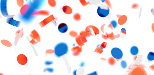 Vibrant red, blue, and white confetti falling on white background. Ideal for celebration, party, or...