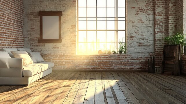 Sunlit loft interior with brick walls hardwood floors and white sofa creating a cozy ambiance
