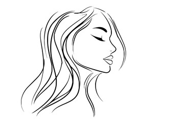 Elegant line art drawing of a woman with long flowing hair in profile with closed eyes and delicate features