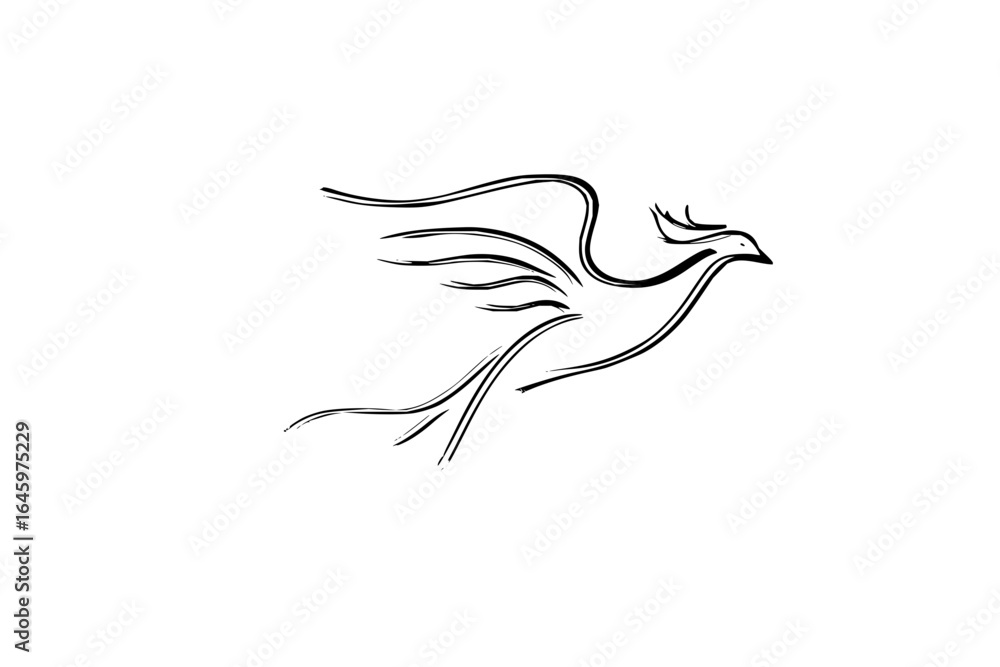 Poster stylized drawing of a bird in flight with simple lines and brush strokes on a white background desig