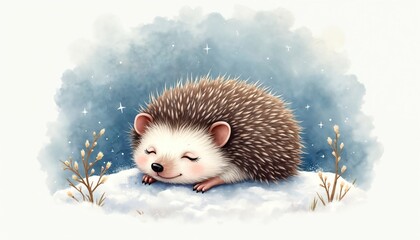 Obraz premium Adorable hedgehog sleeps peacefully in soft winter snow. Whimsical watercolor illustration features cute, fluffy mammal nestled in dreamy landscape with sparkling stars. Peaceful, warm, magical scene