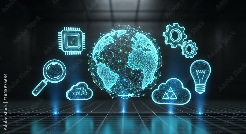 Poster digital world with glowing icons of technology and innovation on a dark background with grid pattern