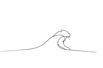 Single line drawing of a wave cresting and breaking in the ocean on a white background