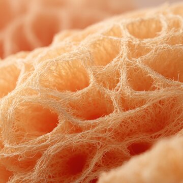 Close-up of a peach-colored, textured sponge-like surface with a honeycomb pattern