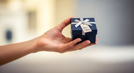 A hand holding a small blue gift box tied with a white ribbon and a tag that says for you on it