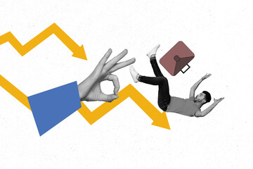 Full 3d art trend collage of puzzled businessman fall arrow regress statistics fired out hand boss...