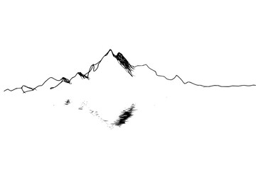 A sketch of a mountain range reflected in water with a minimalist black and white design style
