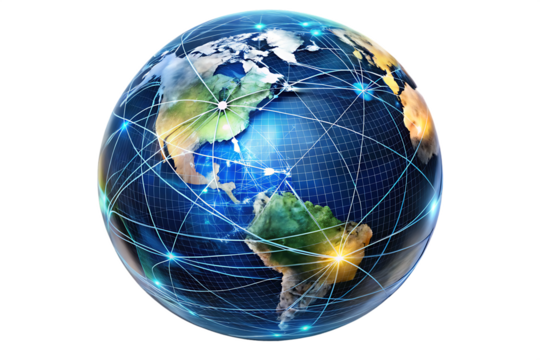 global network connection earth globe with digital isolated on white background, png, ai generated.