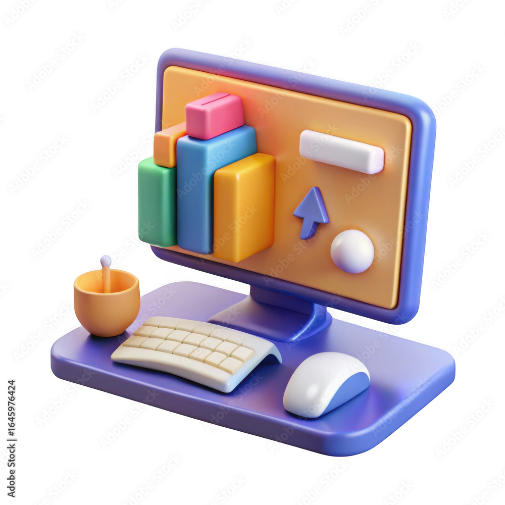 Poster stylized 3d computer monitor with keyboard and mouse on a desk isolated on transparent background