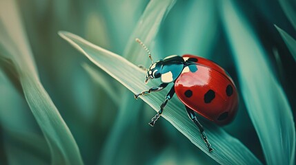 Detailed Macro Shot of Ladybug on Lush Green Leaf in Nature