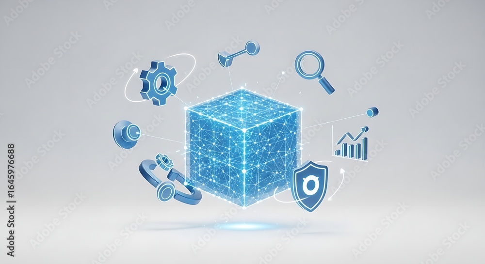 Poster A glowing blue cube surrounded by various icons representing technology and data connections in a network