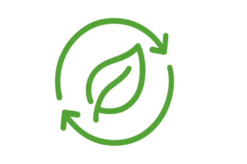Green leaf rotating with circular arrows symbolizing recycling on transparent background