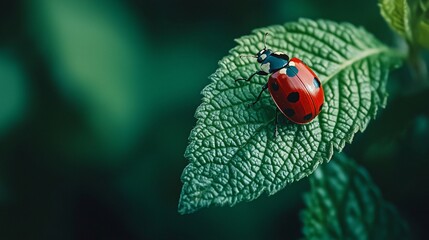 Red Ladybug Perched Gracefully on Vibrant Green Leaf