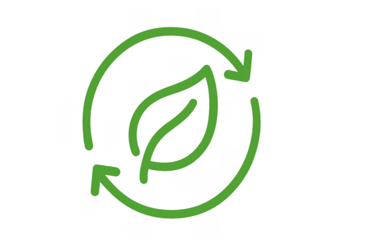 Green leaf rotating with circular arrows symbolizing recycling on transparent background - Powered by Adobe