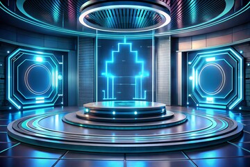 A futuristic stage with a circular platform illuminated by vibrant blue neon lights and holographic displays, set in a sleek, modern technological environment
