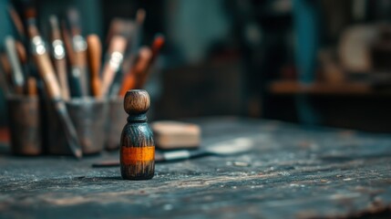 A wooden tool stands prominently on a textured workbench, surrounded by blurred artisanal tools, This image is perfect for DIY blogs, woodworking tutorials, or crafts promotion,