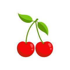 Flat vector of pair of shiny red cherries with green stems and leaves