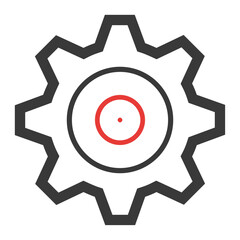 Minimalist gear icon with a red target symbol in the center. A vector graphic representing settings, mechanics, and industrial technology.