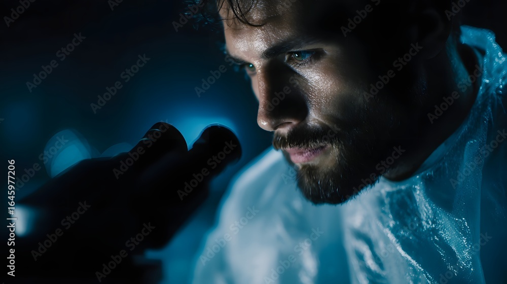 Poster scientist intently analyzing virus samples under a microscope in a laboratory setting