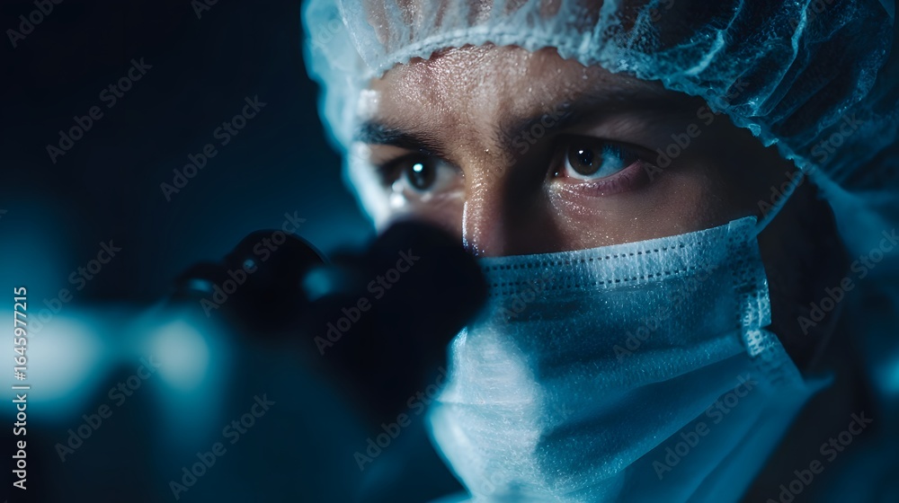 Poster scientist examining virus samples under a microscope in a sterile lab setting