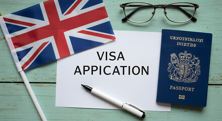 UK Visa Application Passport Flag and Stationery on a Wooden Surface stock image