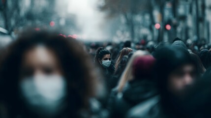 Crowded urban street with people wearing face masks in overcast daylight