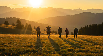 Hikers on a golden meadow with mountains at sunset stock image