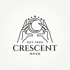 minimalist hand with magic crystal ball with crescent moon and stars line art icon logo vector illustration design