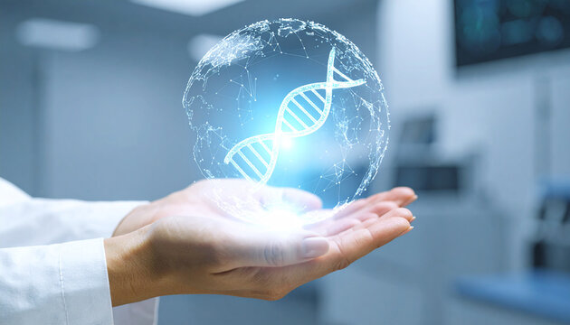 Science's Touch: A scientist's hand cradles a luminous DNA strand within a transparent globe, symbolizing the exploration of life's fundamental building blocks.