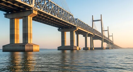 Naklejka premium Long Cable-Stayed Structure Over Water with Steel Framework and Concrete Piers at Sunset, Demonstrating Architectural Engineering.