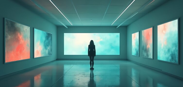 Futuristic silhouette in modern screen gallery exhibition. Person contemplates abstract art on glowing monitors in minimalistic, immersive technology setting. Contemplative atmosphere defines