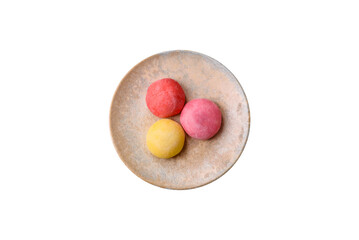 Japanese mochi, ice cream or Asian sweets with fruit filling. Mochi of different colors