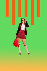 Vertical banner 3d art pop image collage of happy businesswoman businessman climb stand chart...