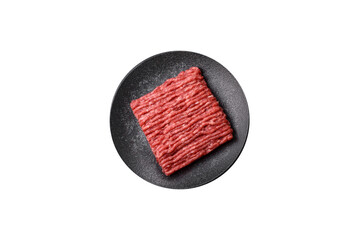 Raw minced beef or pork, ground meat for burgers. Raw minced meat